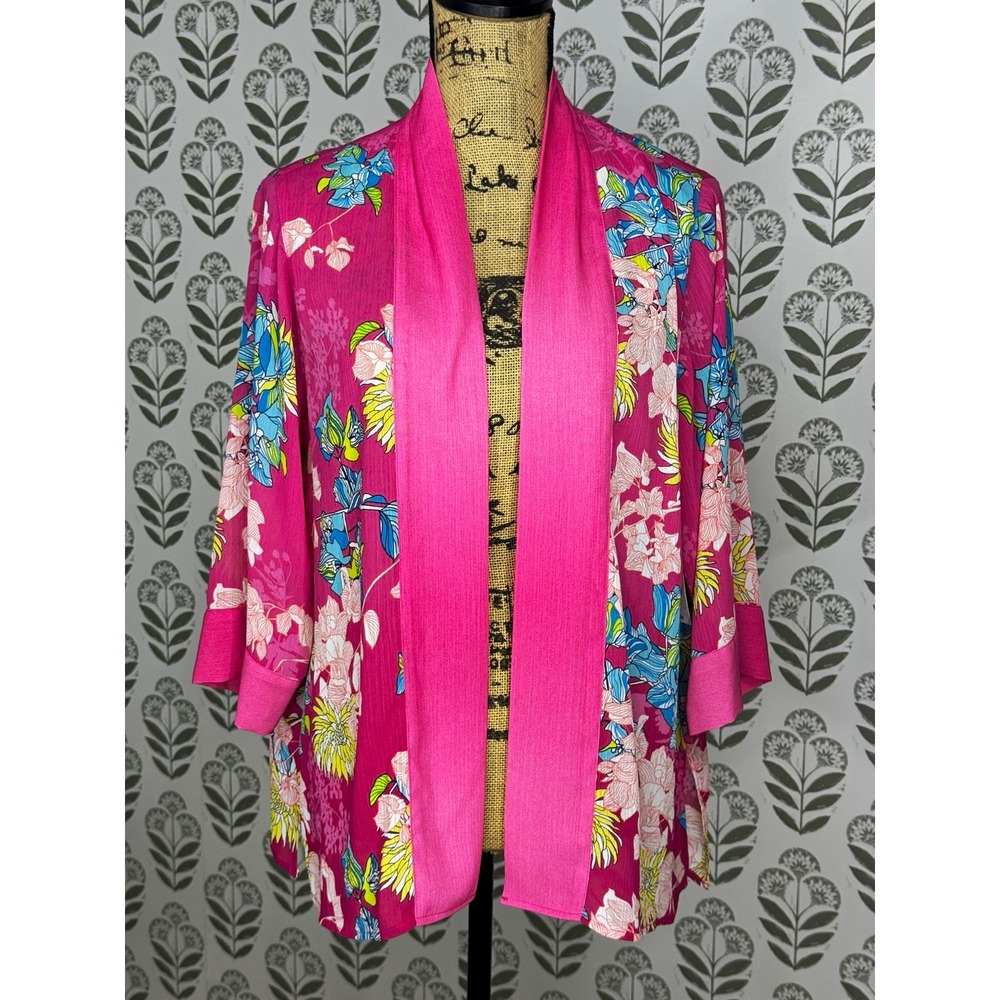 Multiples Women's Floral Pink Multicolor Chiffon Open Kimono Top 3/4 P Large NWT